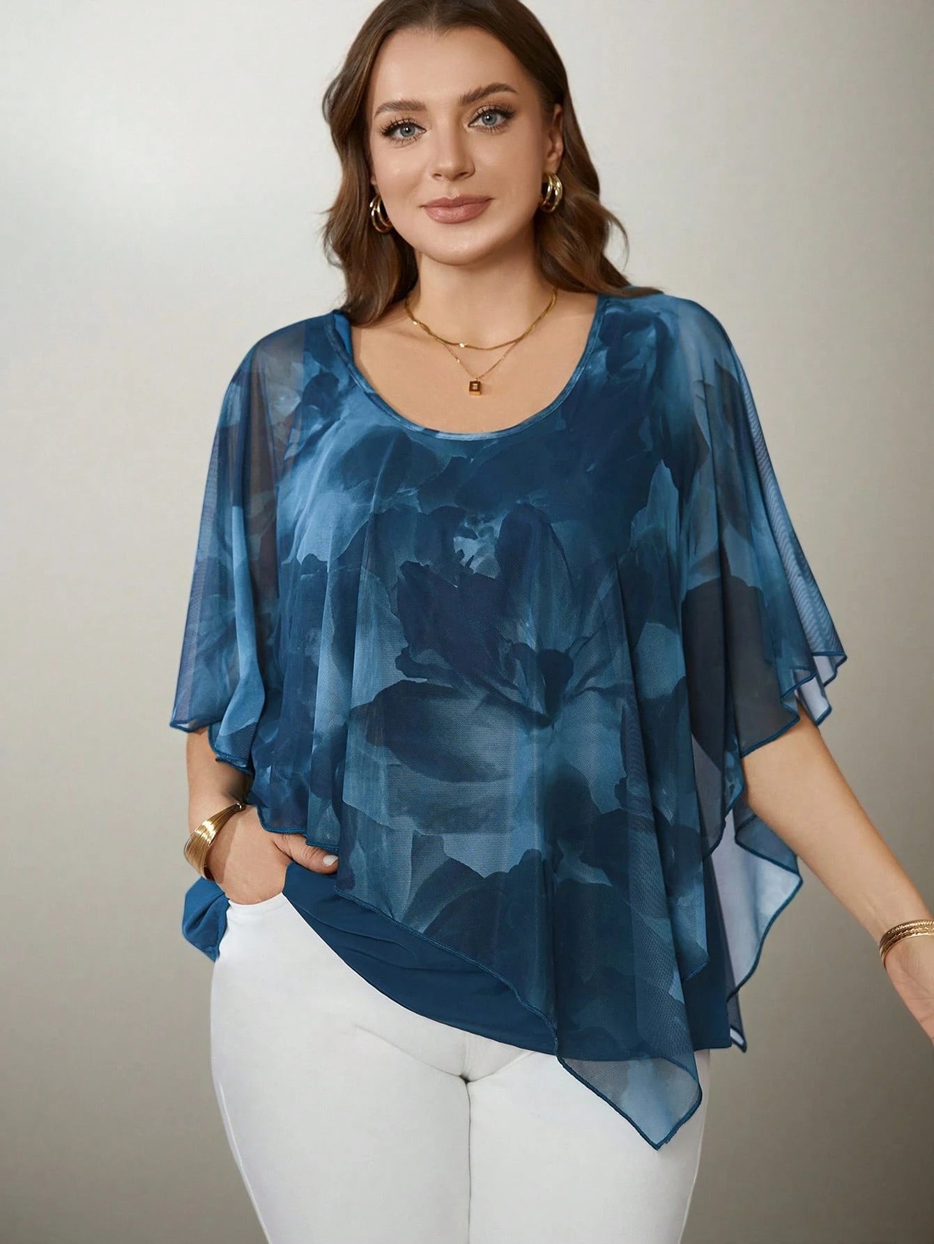 Flouryn Women's Plus Size Elegant Mesh Flowy Cape Top, Fashion Casual Shirt Plus Size Tops Chiffon Blouses Plus Size Women Tops