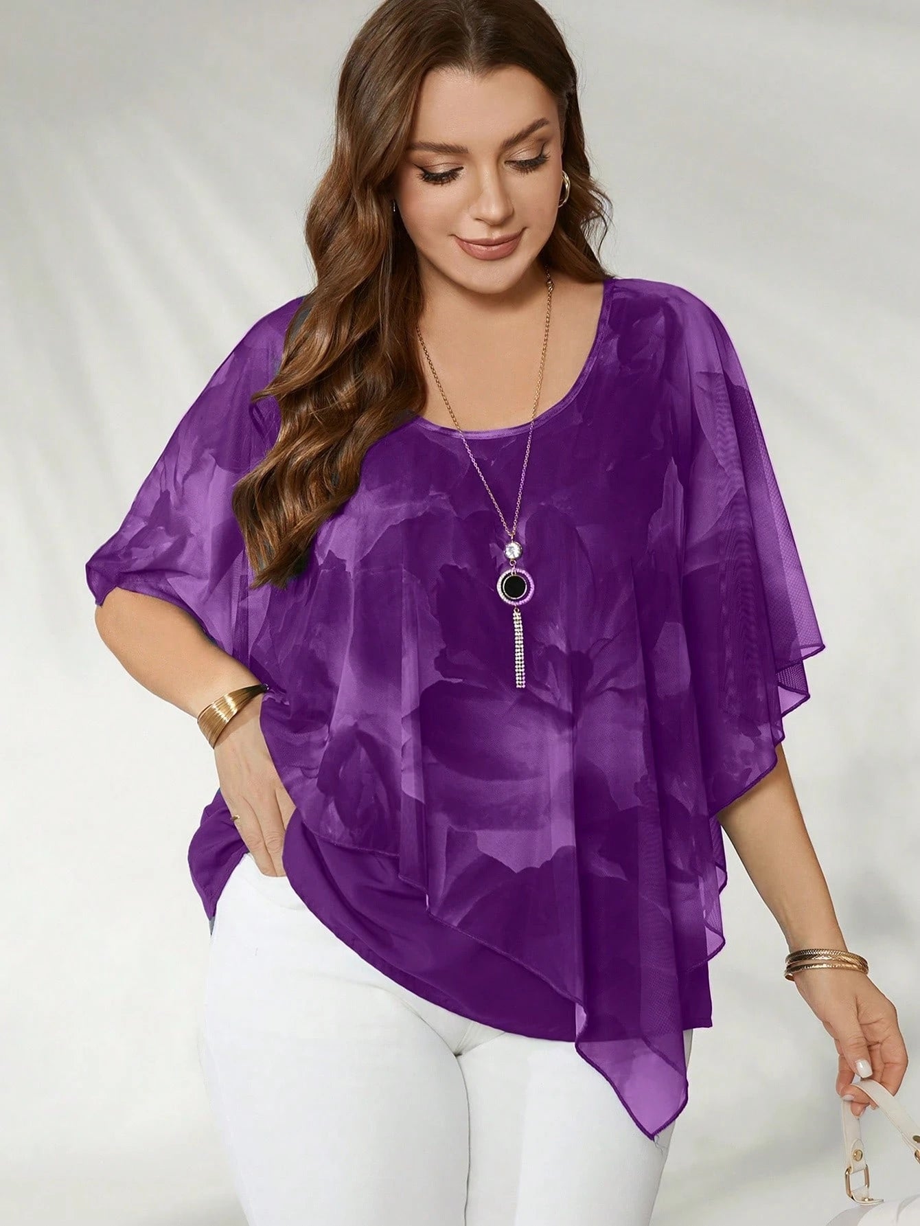 Flouryn Women's Plus Size Elegant Mesh Flowy Cape Top, Fashion Casual Shirt Plus Size Tops Chiffon Blouses Plus Size Women Tops