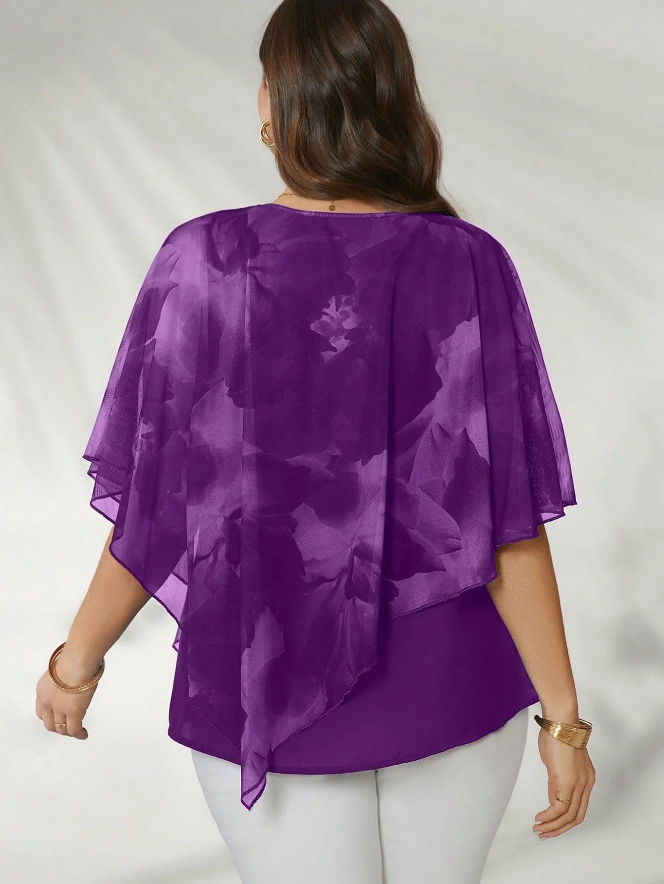 Flouryn Women's Plus Size Elegant Mesh Flowy Cape Top, Fashion Casual Shirt Plus Size Tops Chiffon Blouses Plus Size Women Tops