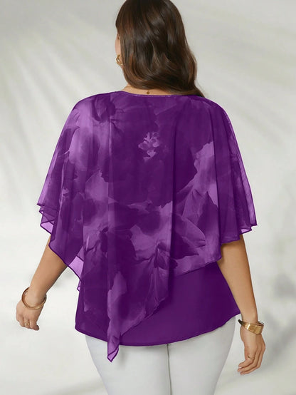 Flouryn Women's Plus Size Elegant Mesh Flowy Cape Top, Fashion Casual Shirt Plus Size Tops Chiffon Blouses Plus Size Women Tops
