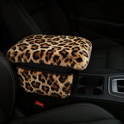 Fluffy Car Armrest Cover With Side Pockets U2013 Plush Fuzzy Fur Center Console Armrest Cushion Pad, Universal Winter Car Interior Protector, Soft Arm Rest Cover With Storage For Women &Amp; Men (Leop
