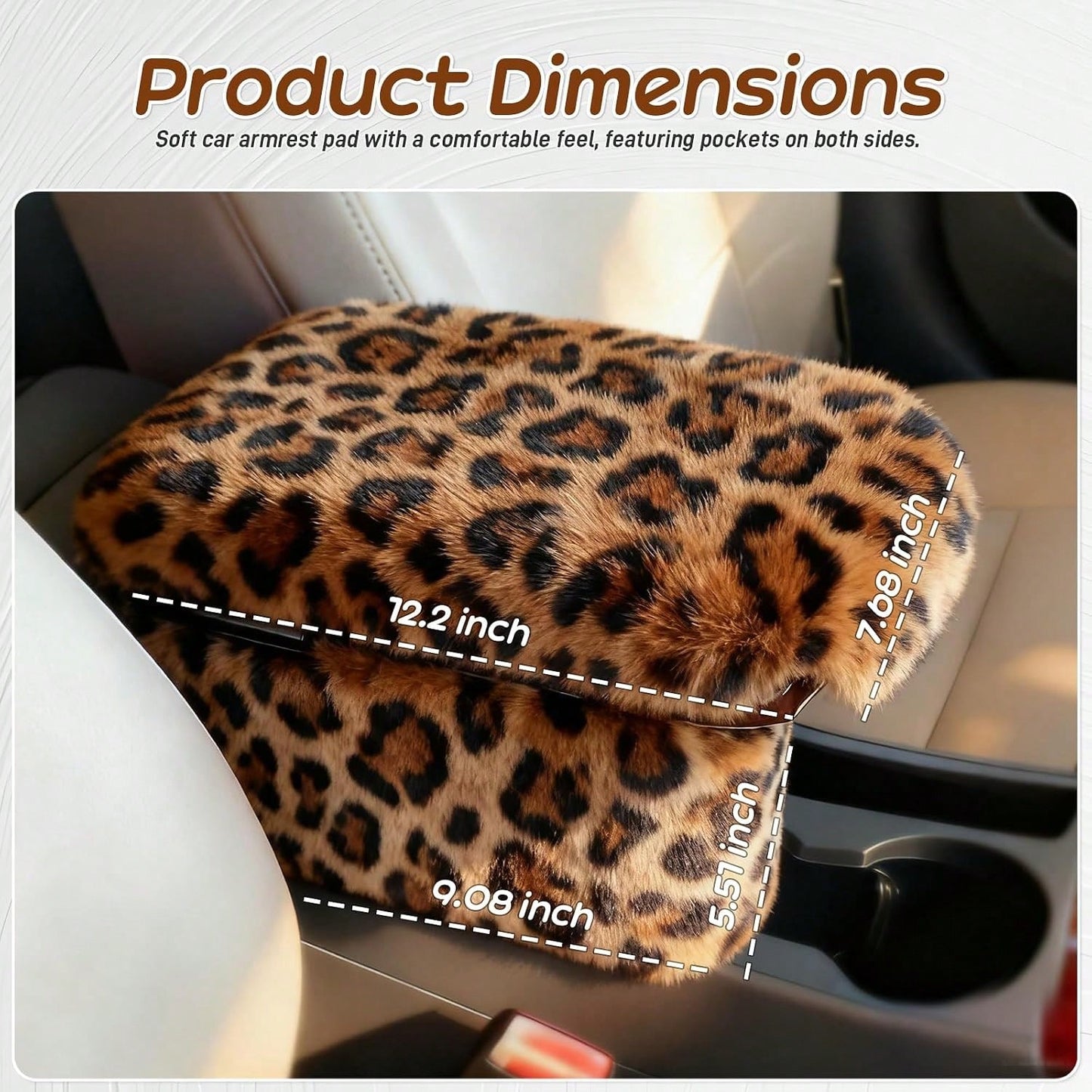 Fluffy Car Armrest Cover With Side Pockets U2013 Plush Fuzzy Fur Center Console Armrest Cushion Pad, Universal Winter Car Interior Protector, Soft Arm Rest Cover With Storage For Women &Amp; Men (Leop