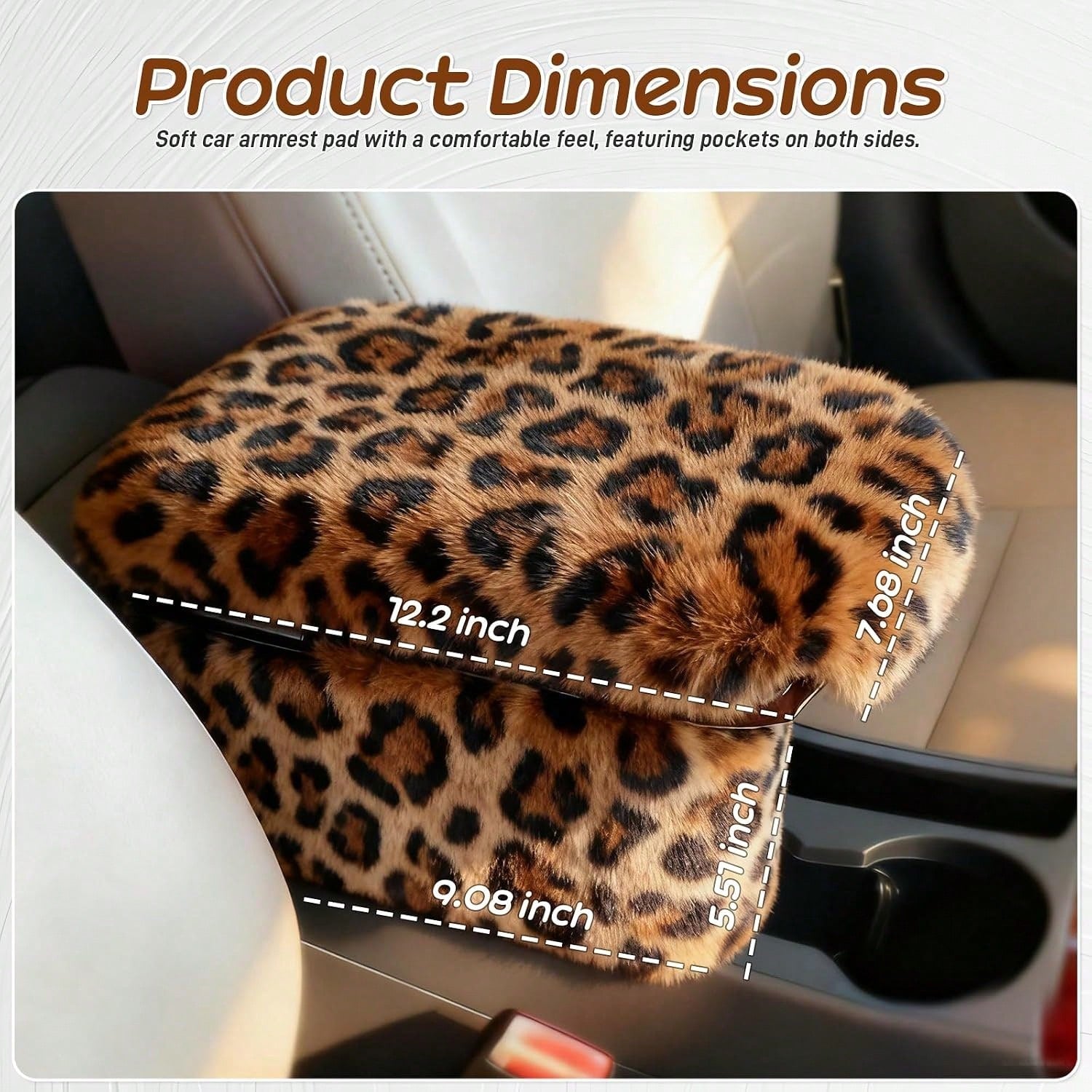 Fluffy Car Armrest Cover With Side Pockets U2013 Plush Fuzzy Fur Center Console Armrest Cushion Pad, Universal Winter Car Interior Protector, Soft Arm Rest Cover With Storage For Women &Amp; Men (Leop