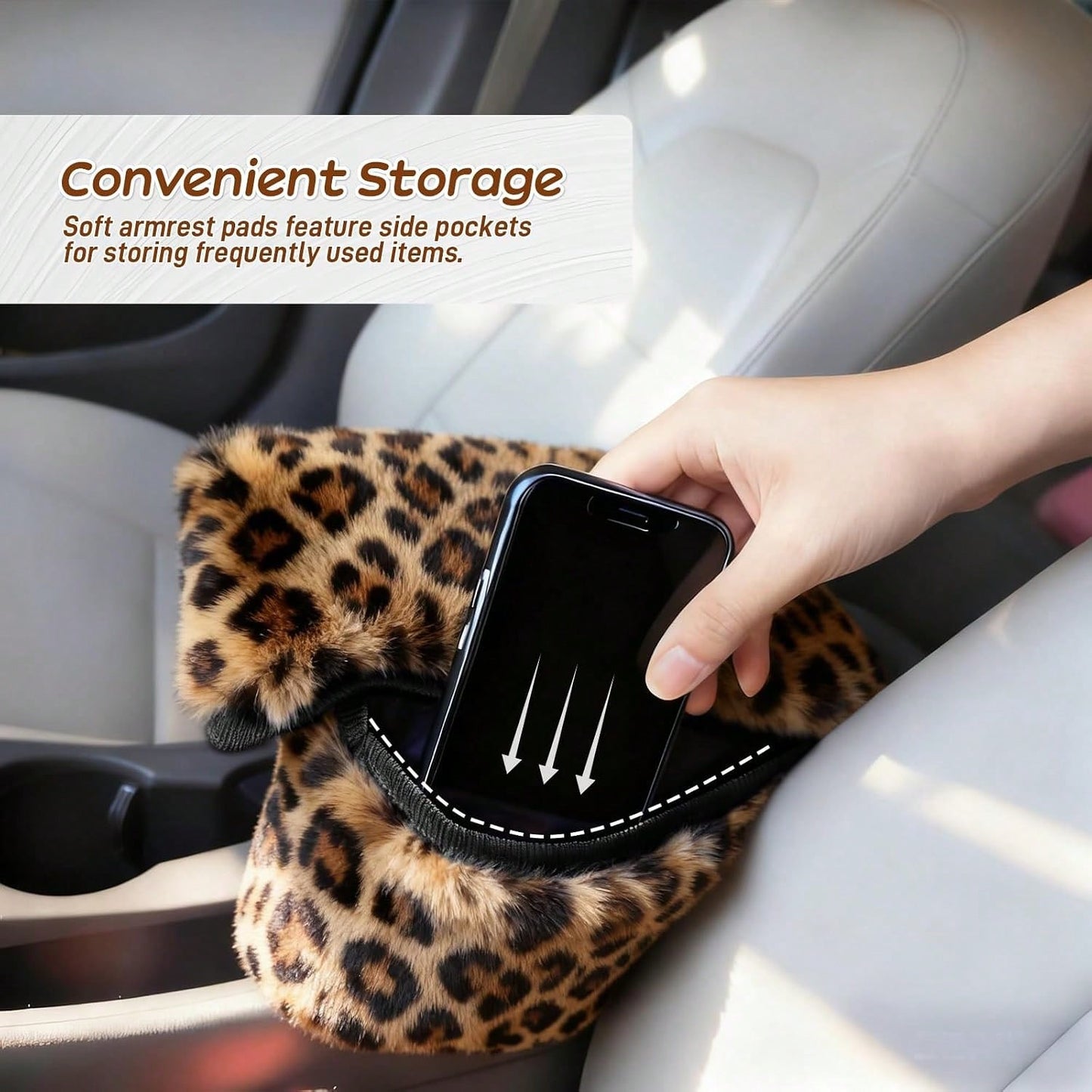 Fluffy Car Armrest Cover With Side Pockets U2013 Plush Fuzzy Fur Center Console Armrest Cushion Pad, Universal Winter Car Interior Protector, Soft Arm Rest Cover With Storage For Women &Amp; Men (Leop