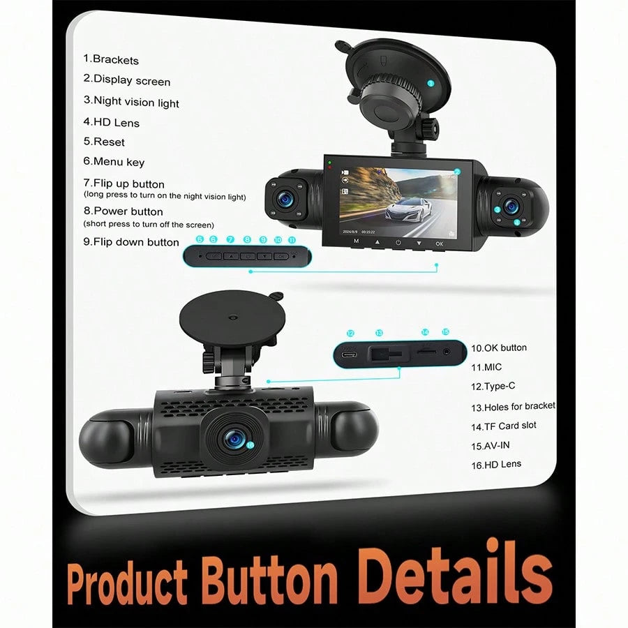 FLYANT Driving Recorder With 1080 High-Definition Front And Rear, Screen For Loop Recording, Dual & 4-Channel Driving Recorder, Super Night Vision, 24-Hour Parking Monitoring, C-Type, Wide Dynamic Ra