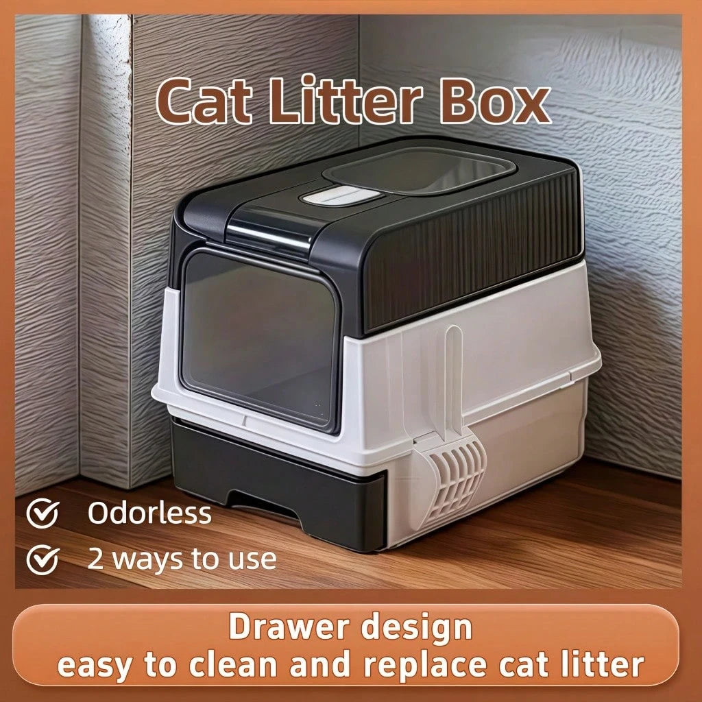 Foldable Enclosed Cat Litter Box With Drawer And Lid – Top Entry Splash-Proof Pet Toilet, Odor-Proof And Leak-Proof, Lightweight And Portable Cat Bathroom With Scoop, Space-Saving Litter Pan For Small