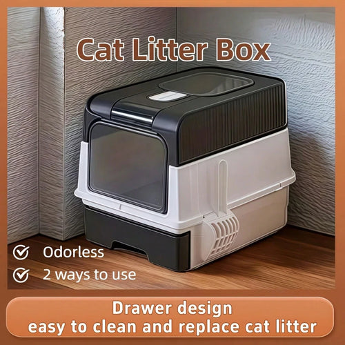 Foldable Enclosed Cat Litter Box With Drawer And Lid – Top Entry Splash-Proof Pet Toilet, Odor-Proof And Leak-Proof, Lightweight And Portable Cat Bathroom With Scoop, Space-Saving Litter Pan For Small