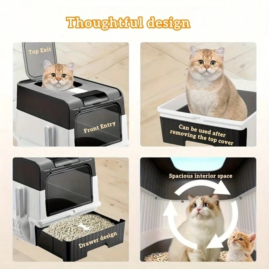Foldable Enclosed Cat Litter Box With Drawer And Lid – Top Entry Splash-Proof Pet Toilet, Odor-Proof And Leak-Proof, Lightweight And Portable Cat Bathroom With Scoop, Space-Saving Litter Pan For Small