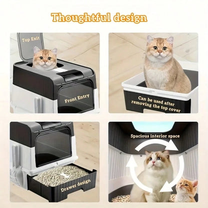 Foldable Enclosed Cat Litter Box With Drawer And Lid – Top Entry Splash-Proof Pet Toilet, Odor-Proof And Leak-Proof, Lightweight And Portable Cat Bathroom With Scoop, Space-Saving Litter Pan For Small