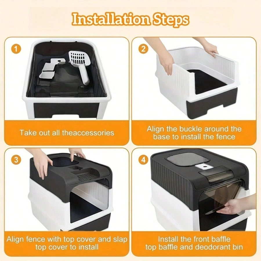 Foldable Enclosed Cat Litter Box With Drawer And Lid – Top Entry Splash-Proof Pet Toilet, Odor-Proof And Leak-Proof, Lightweight And Portable Cat Bathroom With Scoop, Space-Saving Litter Pan For Small