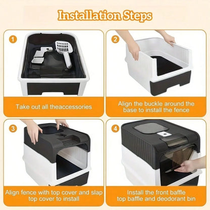 Foldable Enclosed Cat Litter Box With Drawer And Lid – Top Entry Splash-Proof Pet Toilet, Odor-Proof And Leak-Proof, Lightweight And Portable Cat Bathroom With Scoop, Space-Saving Litter Pan For Small