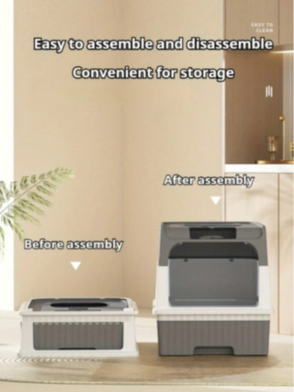 Foldable Enclosed Cat Litter Box With Drawer And Lid – Top Entry Splash-Proof Pet Toilet, Odor-Proof And Leak-Proof, Lightweight And Portable Cat Bathroom With Scoop, Space-Saving Litter Pan For Small