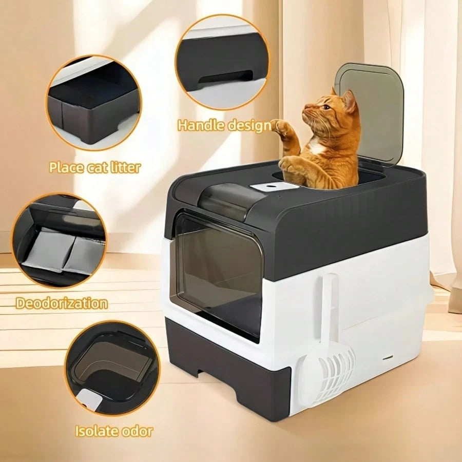 Foldable Enclosed Cat Litter Box With Drawer And Lid – Top Entry Splash-Proof Pet Toilet, Odor-Proof And Leak-Proof, Lightweight And Portable Cat Bathroom With Scoop, Space-Saving Litter Pan For Small
