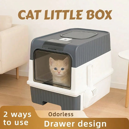Foldable Enclosed Cat Litter Box With Drawer And Lid – Top Entry Splash-Proof Pet Toilet, Odor-Proof And Leak-Proof, Lightweight And Portable Cat Bathroom With Scoop, Space-Saving Litter Pan For Small