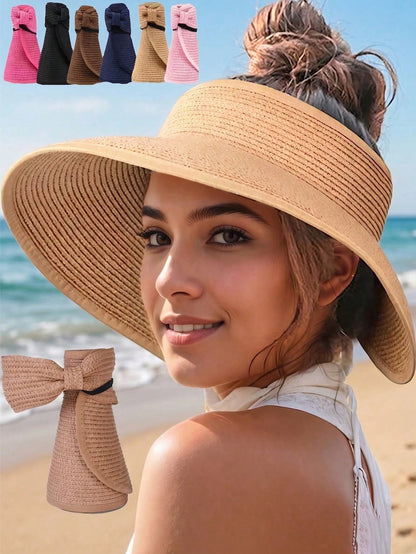 Foldable Sun Visor Hats With Sweatband Flexible And Roll Up Bow Breathable Beach Hat For Women Wide Brim Outdoor Bucket Hat To Hold Uv Away Sun Straw Hats Camping Hiking Cap Holiday Vacation Back To S