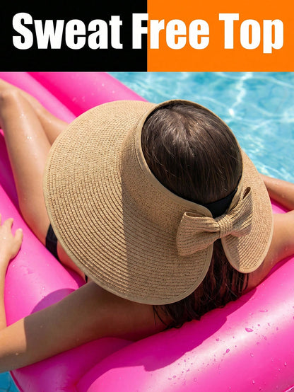 Foldable Sun Visor Hats With Sweatband Flexible And Roll Up Bow Breathable Beach Hat For Women Wide Brim Outdoor Bucket Hat To Hold Uv Away Sun Straw Hats Camping Hiking Cap Holiday Vacation Back To S