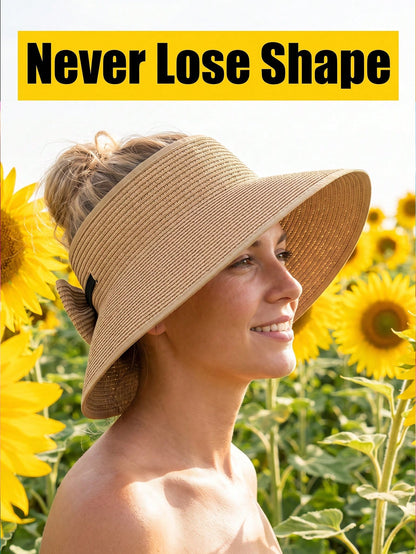 Foldable Sun Visor Hats With Sweatband Flexible And Roll Up Bow Breathable Beach Hat For Women Wide Brim Outdoor Bucket Hat To Hold Uv Away Sun Straw Hats Camping Hiking Cap Holiday Vacation Back To S