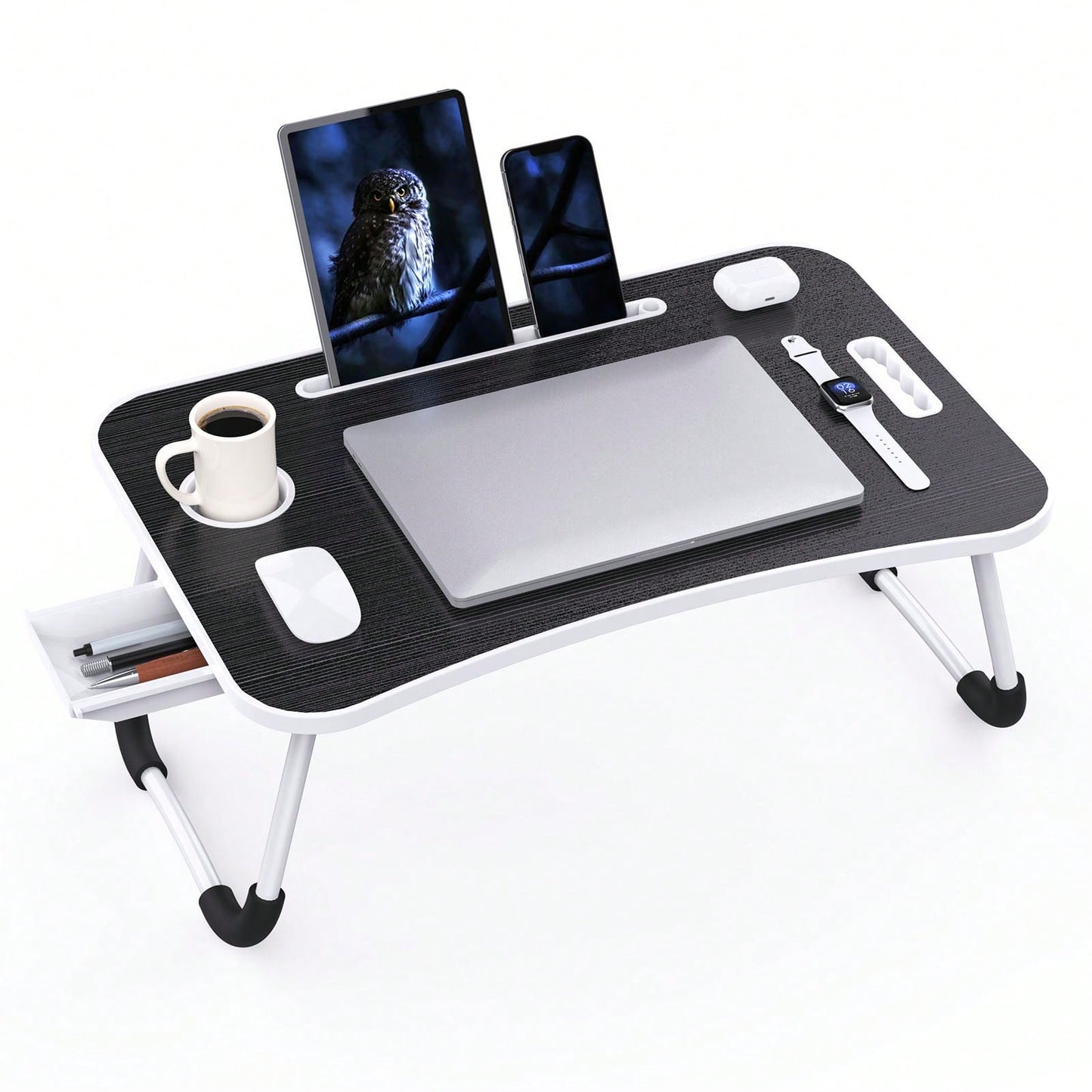 Folding Lap Desk, 23 Inch Portable Wood Black Laptop Bed Desk Lap Desk With Cup Holder, For Working Reading Writing, Eating, Watching Movies For Bed Sofa Couch Floor