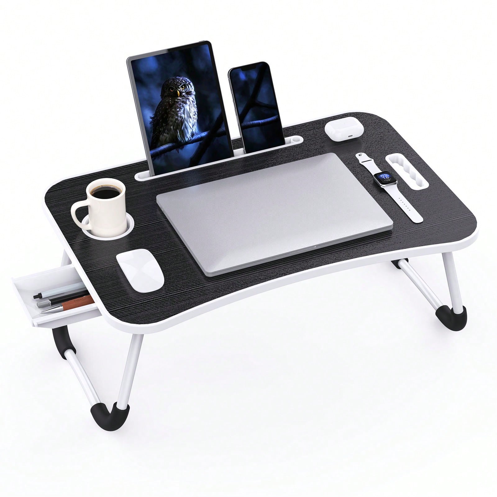 Folding Lap Desk, 23 Inch Portable Wood Black Laptop Bed Desk Lap Desk With Cup Holder, For Working Reading Writing, Eating, Watching Movies For Bed Sofa Couch Floor