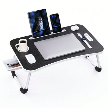Folding Lap Desk, 23 Inch Portable Wood Black Laptop Bed Desk Lap Desk With Cup Holder, For Working Reading Writing, Eating, Watching Movies For Bed Sofa Couch Floor