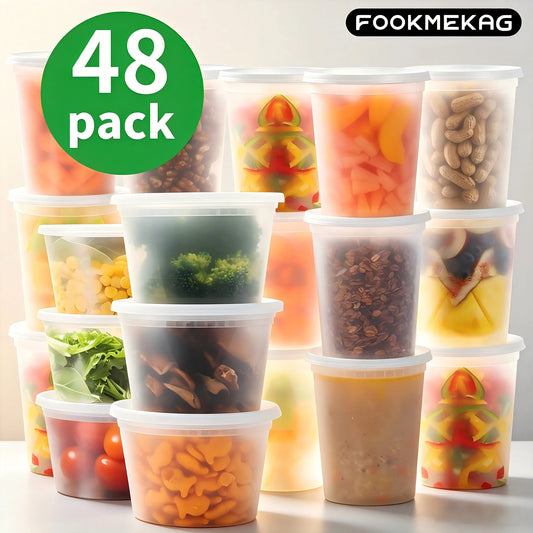 FookmeKag [48pcs] Food Storage Containers-16oz,24oz,32oz,Clear Plastic Containers (With Lids), For Storing Salads, Soups, Etc.|Stackable| Leak-Proof,Microwave/Dishwasher Perfect For Halloween/Christm