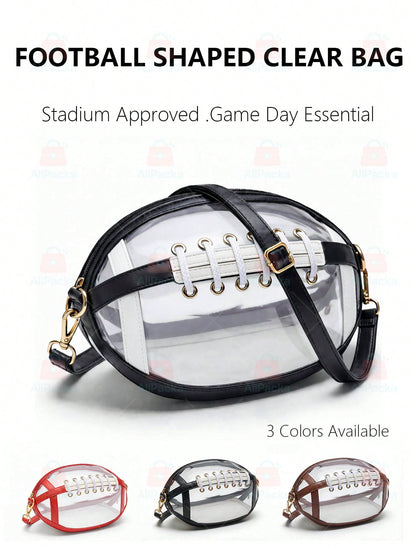 Football Shaped Clear Crossbody Bag, Stadium Approved Game Day Purse, Transparent Shoulder Bag For Sports Events