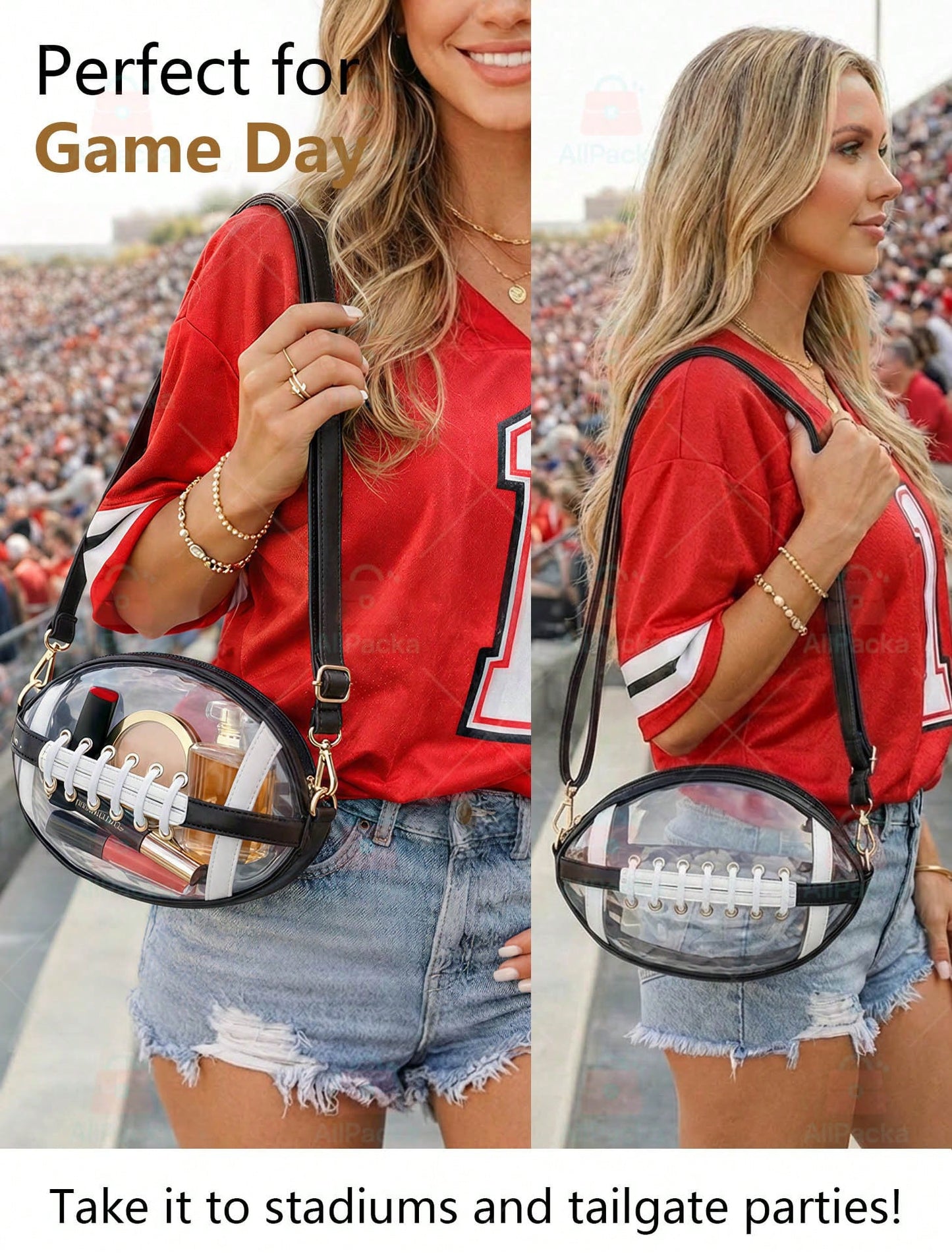 Football Shaped Clear Crossbody Bag, Stadium Approved Game Day Purse, Transparent Shoulder Bag For Sports Events