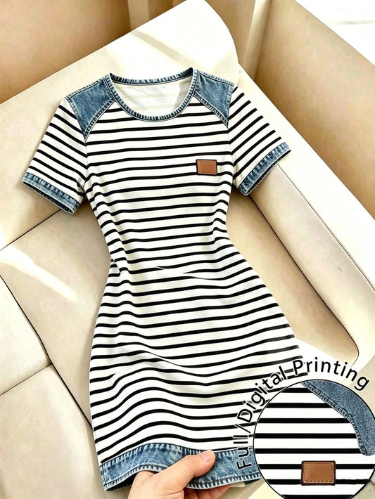 Franclia Denim Effect Patchwork Black & White Striped Dress For Women Summer New Dress Non-Denim Effect Digital Print Striped Dress Niche Design Short Sleeve Dress
