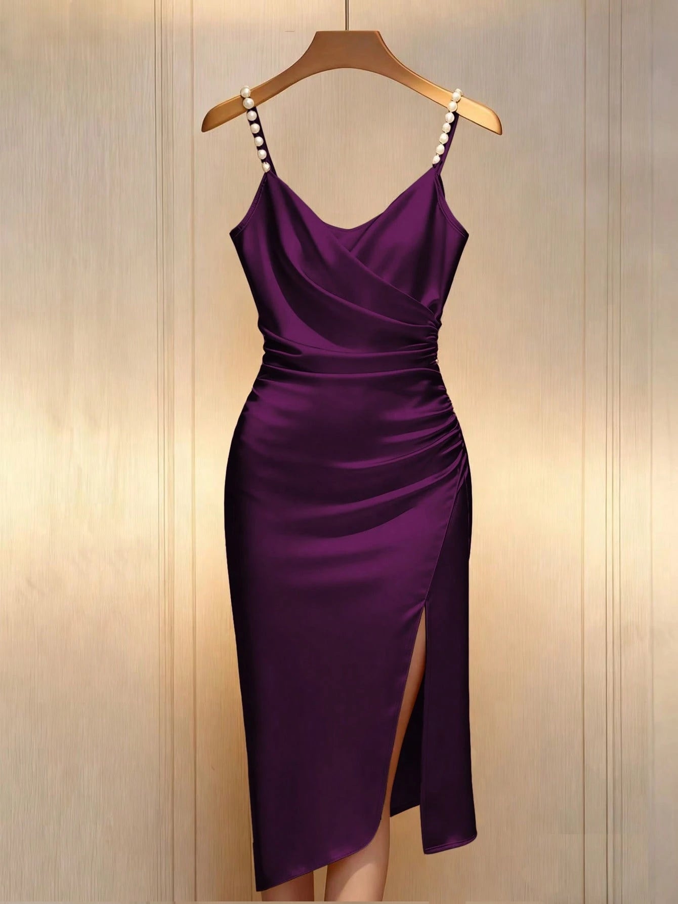Franclia Elegant French Romantic Champagne Color Cross Collar Waist Cinching Bodycon Dress With Pearl Embellishment And Slit