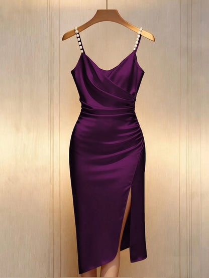 Franclia Elegant French Romantic Champagne Color Cross Collar Waist Cinching Bodycon Dress With Pearl Embellishment And Slit