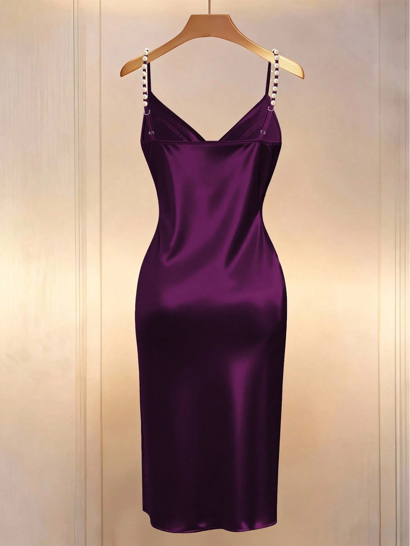 Franclia Elegant French Romantic Champagne Color Cross Collar Waist Cinching Bodycon Dress With Pearl Embellishment And Slit