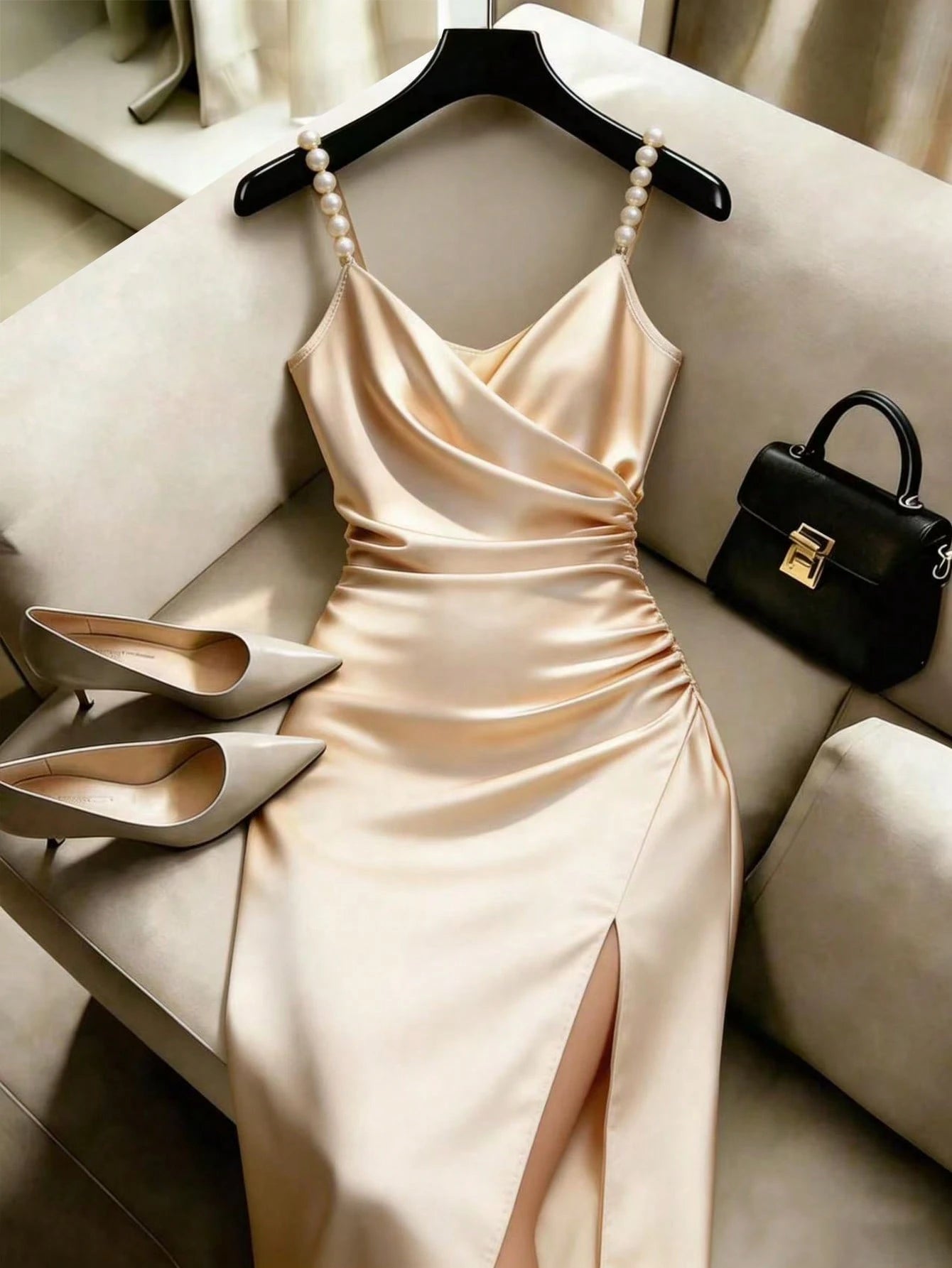 Franclia Elegant French Romantic Champagne Color Cross Collar Waist Cinching Bodycon Dress With Pearl Embellishment And Slit