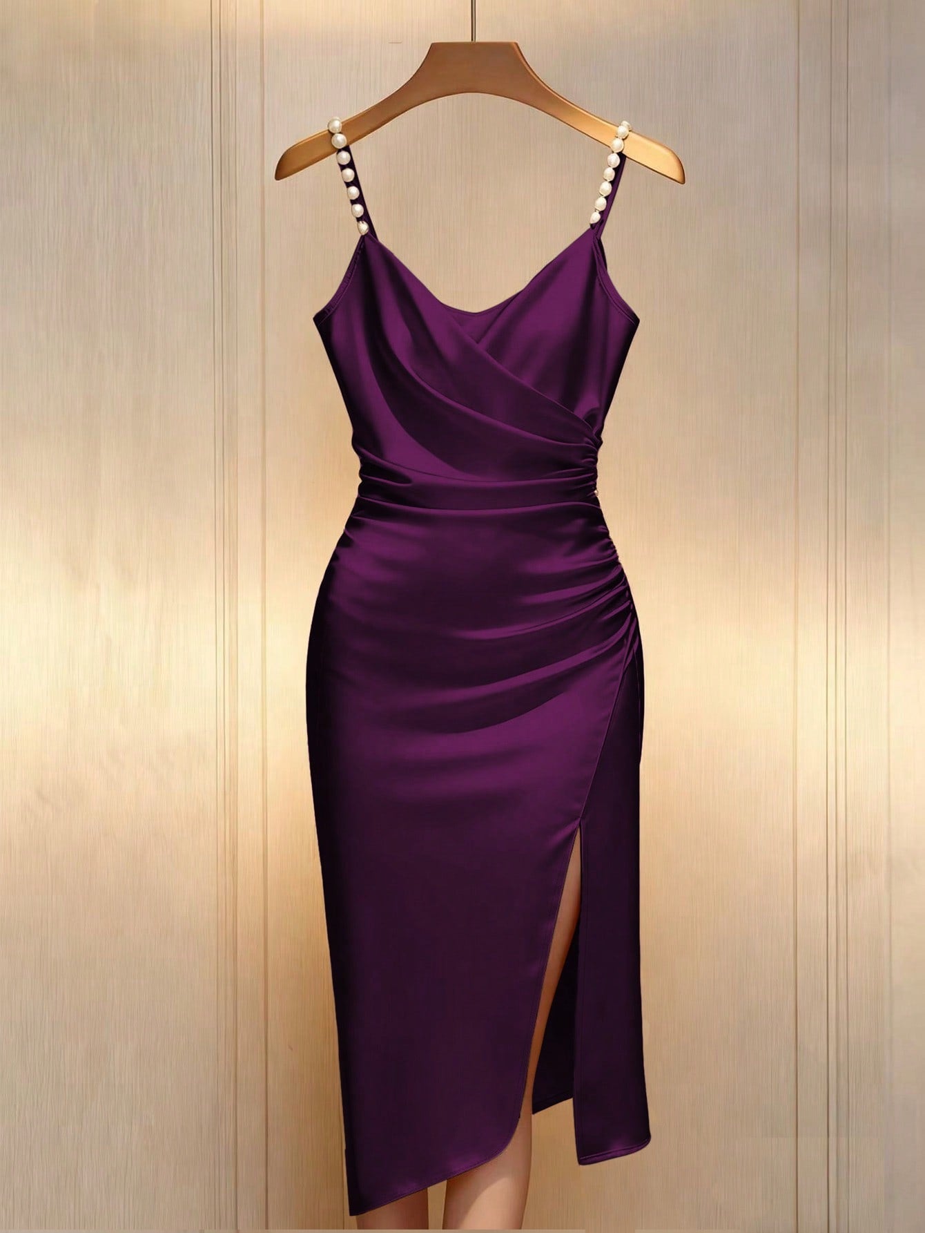 Franclia Elegant French Romantic Champagne Color Cross Collar Waist Cinching Bodycon Dress With Pearl Embellishment And Slit