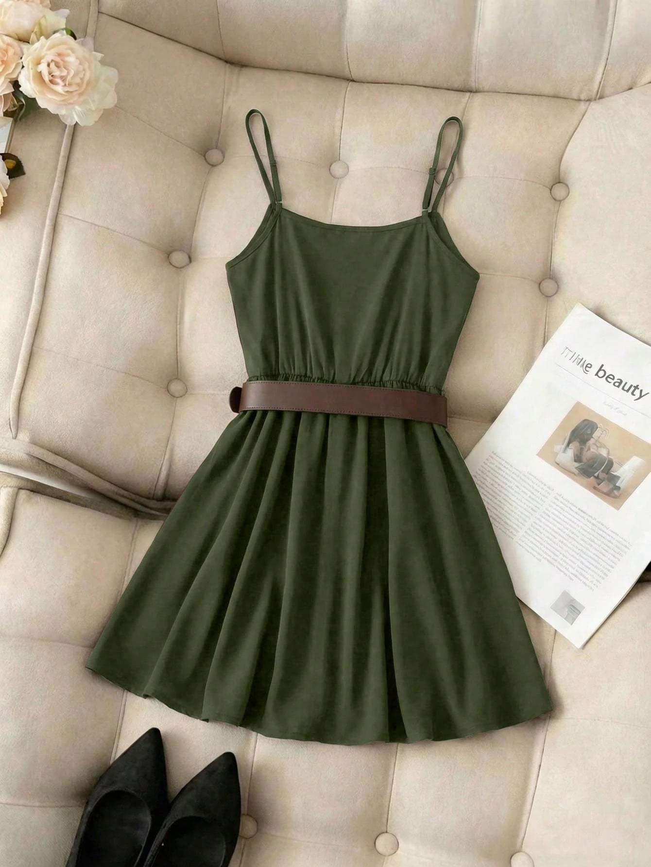 Franclia Elegant French Style Ruffle Asymmetrical Strap Cinched Waist Women Dress