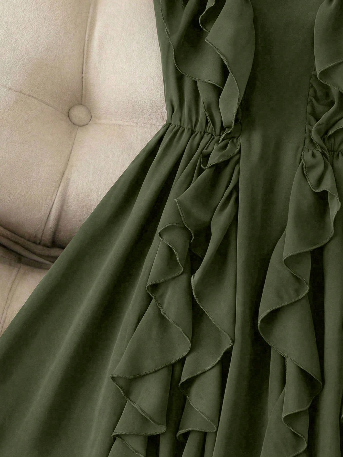 Franclia Elegant French Style Ruffle Asymmetrical Strap Cinched Waist Women Dress