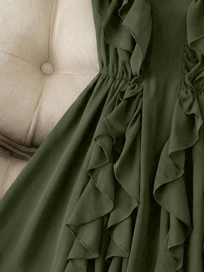 Franclia Elegant French Style Ruffle Asymmetrical Strap Cinched Waist Women Dress