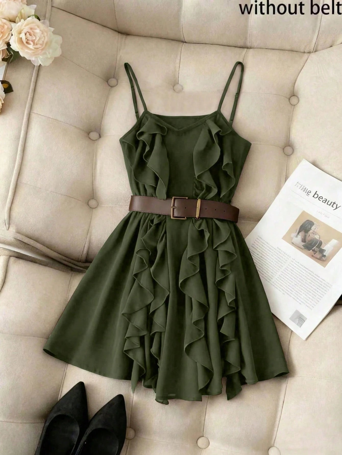 Franclia Elegant French Style Ruffle Asymmetrical Strap Cinched Waist Women Dress