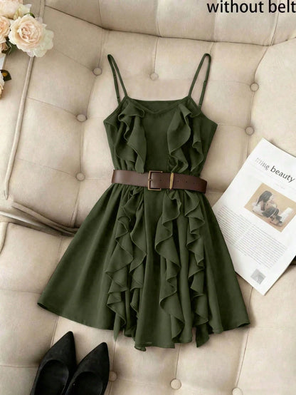 Franclia Elegant French Style Ruffle Asymmetrical Strap Cinched Waist Women Dress