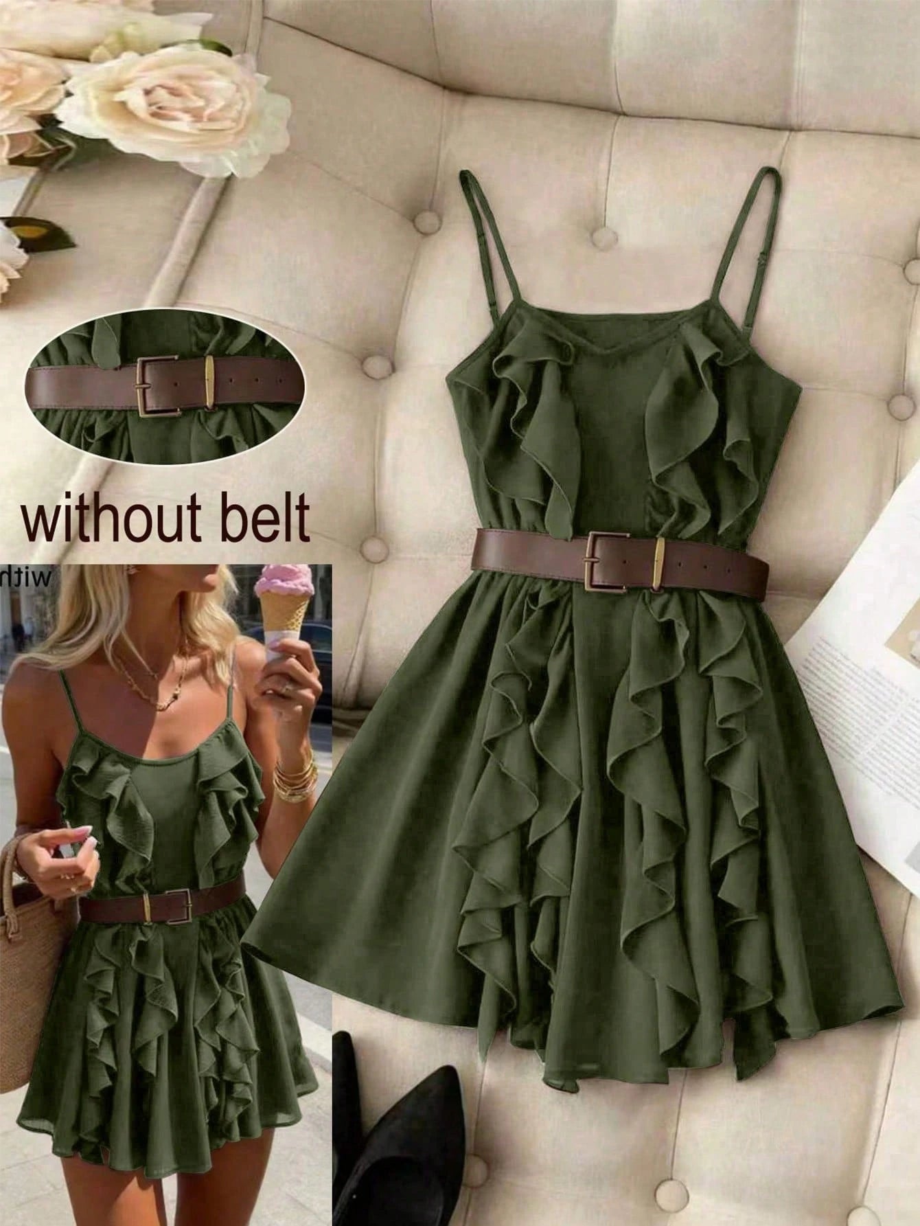 Franclia Elegant French Style Ruffle Asymmetrical Strap Cinched Waist Women Dress