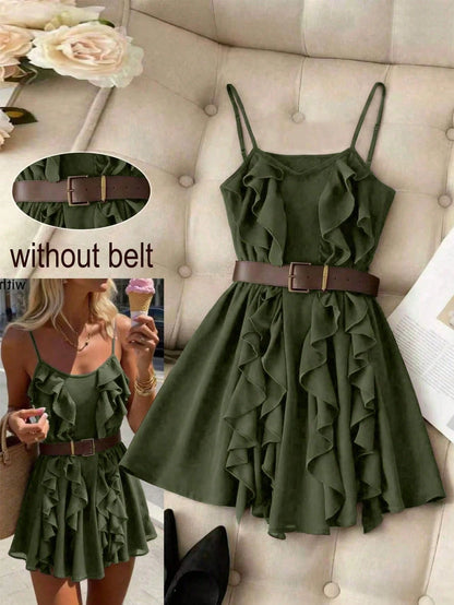 Franclia Elegant French Style Ruffle Asymmetrical Strap Cinched Waist Women Dress