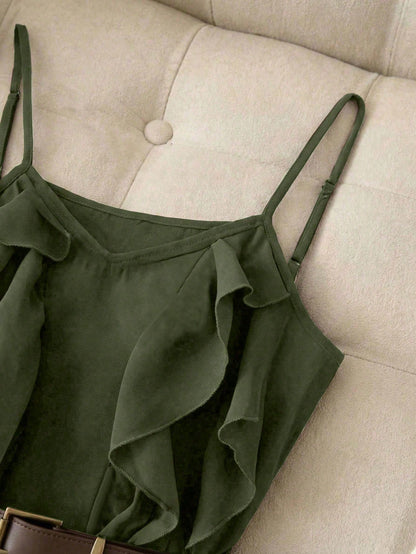 Franclia Elegant French Style Ruffle Asymmetrical Strap Cinched Waist Women Dress