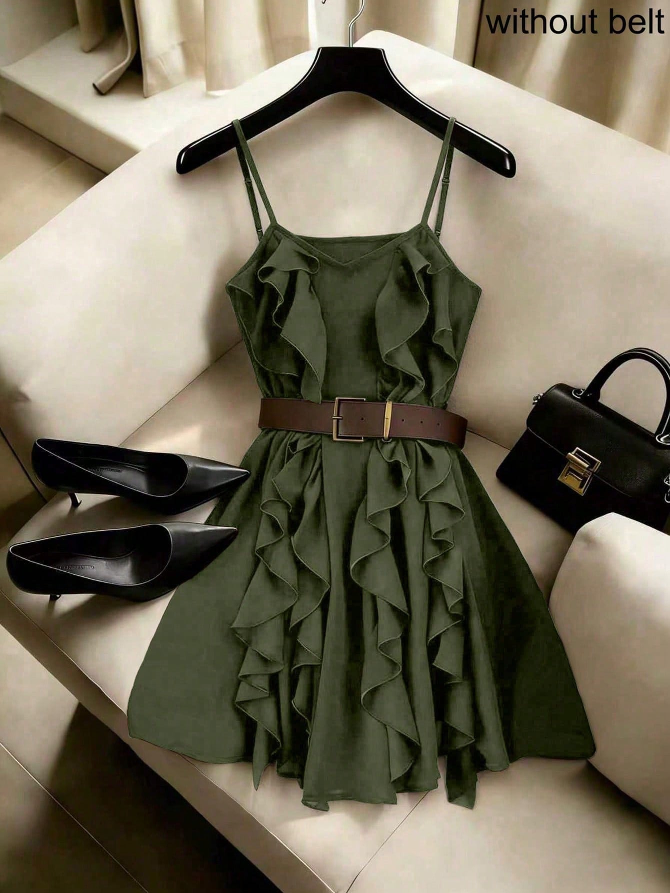 Franclia Elegant French Style Ruffle Asymmetrical Strap Cinched Waist Women Dress