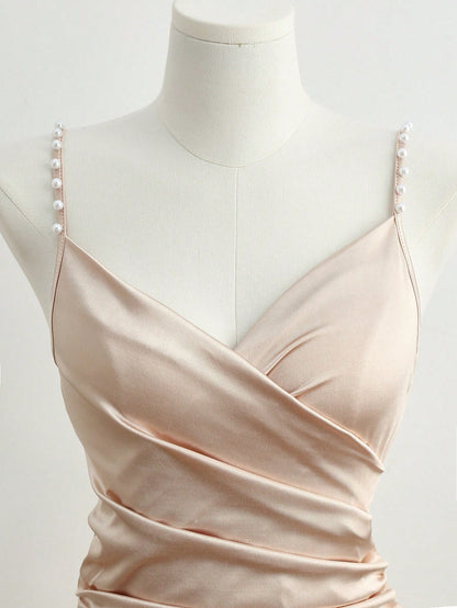 Franclia French-Style Elegant Champagne White Gold Summer Seductive Bar Party Bodycon Dress,Pearl Beaded Strap Crossover Neckline Slit Satin Maxi Gown Women's