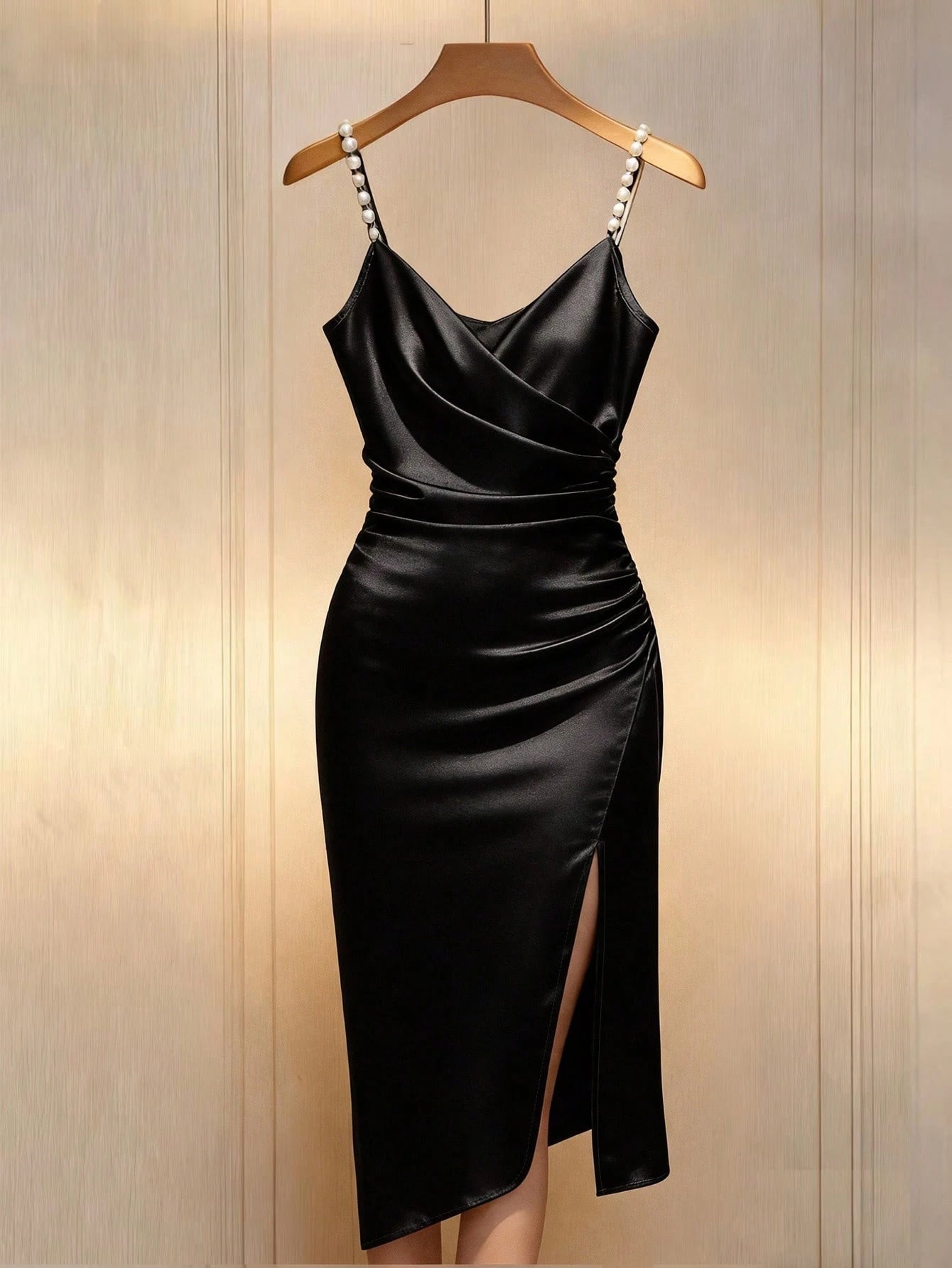 Franclia French-Style Elegant Champagne White Gold Summer Seductive Bar Party Bodycon Dress,Pearl Beaded Strap Crossover Neckline Slit Satin Maxi Gown Women's