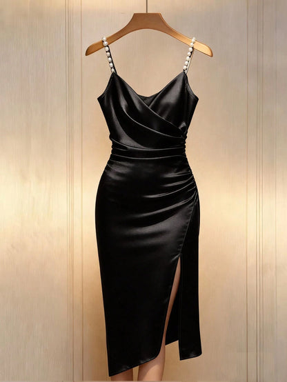 Franclia French-Style Elegant Champagne White Gold Summer Seductive Bar Party Bodycon Dress,Pearl Beaded Strap Crossover Neckline Slit Satin Maxi Gown Women's
