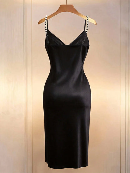 Franclia French-Style Elegant Champagne White Gold Summer Seductive Bar Party Bodycon Dress,Pearl Beaded Strap Crossover Neckline Slit Satin Maxi Gown Women's
