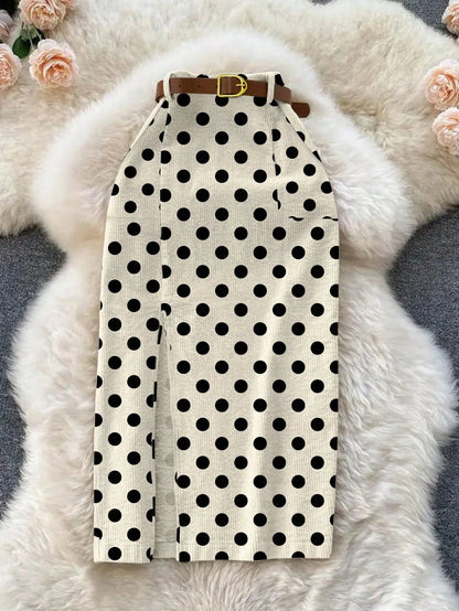 Franclia Khaki Polka Dot Print Corduroy Skirt With Patch Pockets, Slit Hem And Belt