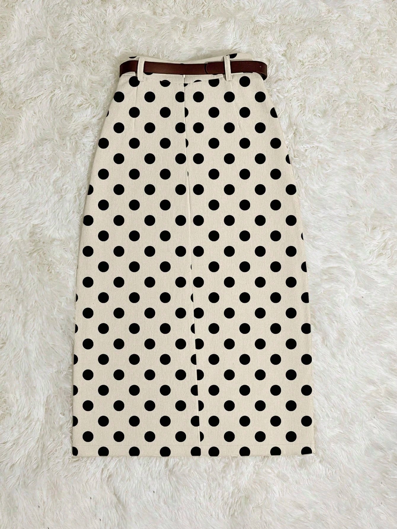 Franclia Khaki Polka Dot Print Corduroy Skirt With Patch Pockets, Slit Hem And Belt