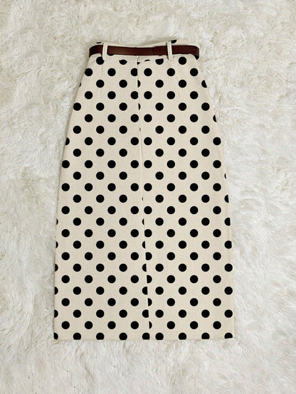 Franclia Khaki Polka Dot Print Corduroy Skirt With Patch Pockets, Slit Hem And Belt