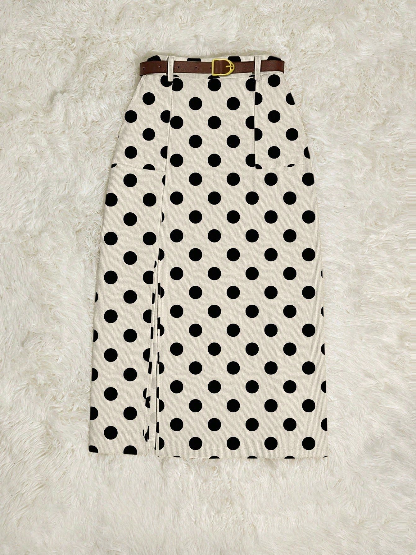 Franclia Khaki Polka Dot Print Corduroy Skirt With Patch Pockets, Slit Hem And Belt